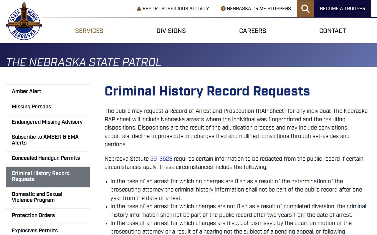 Saunders County arrest history Nebraska State Patrol record request options