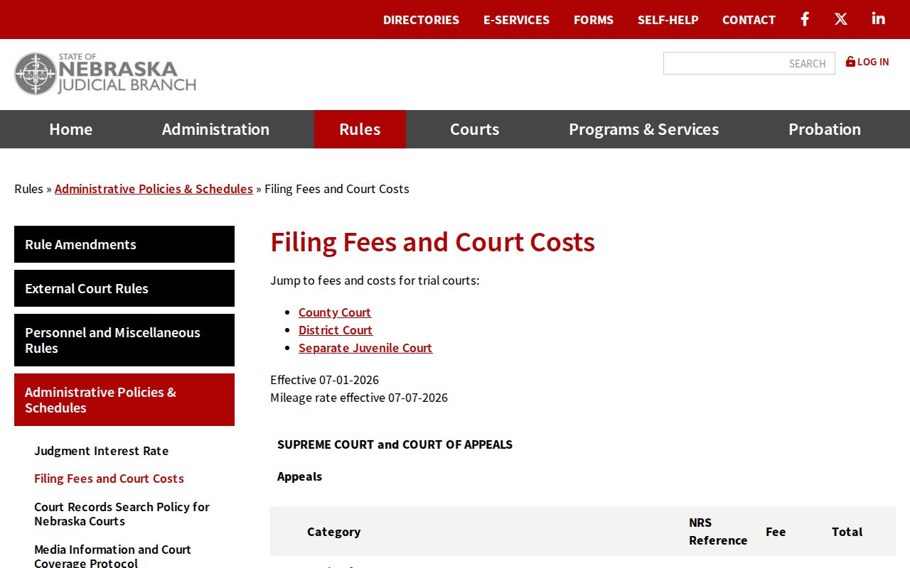 Saunders County criminal court case fee and court cost schedule