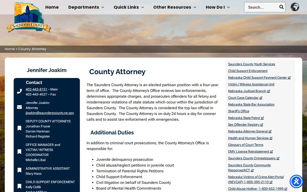 Saunders County criminal court case County Attorney office information