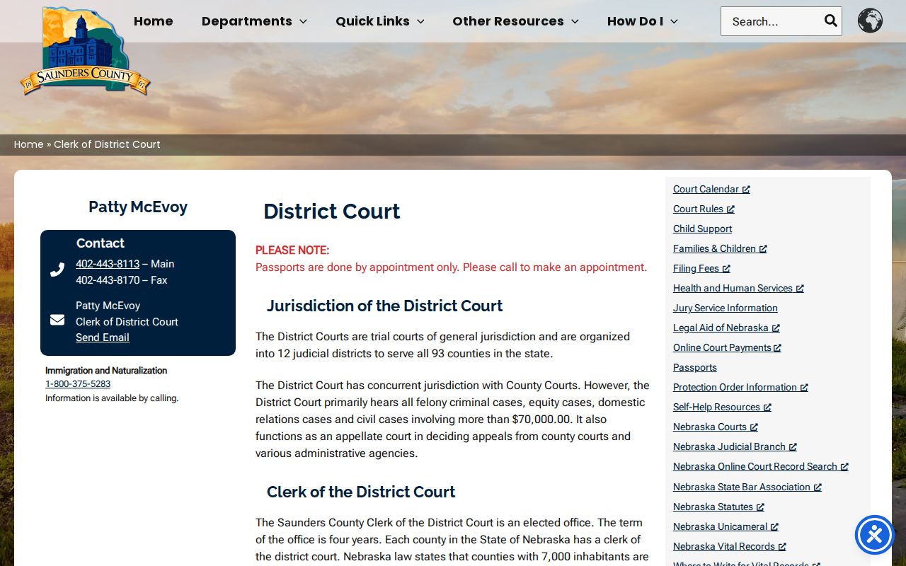 Saunders County criminal record District Court clerk office