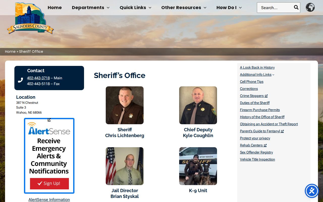 Saunders County criminal history sheriff contact page