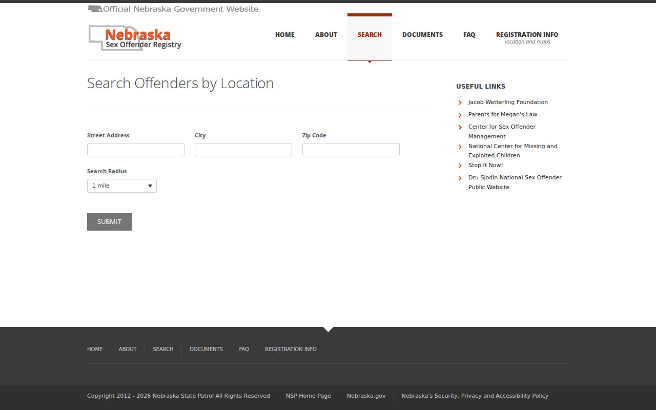 Saunders County sex offender registry location search interface