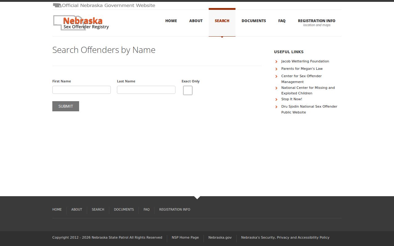 Saunders County sex offender registry name search form