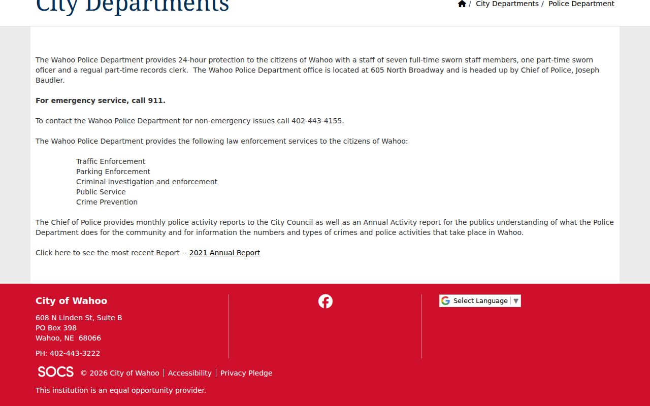 Wahoo criminal records Police Department information page